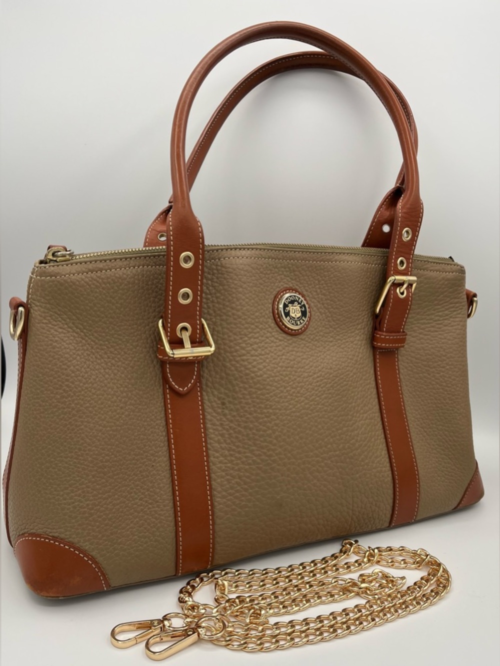 Dooney & Bourke Taupe Leather Satchel with Brown Trim and Gold Hardware